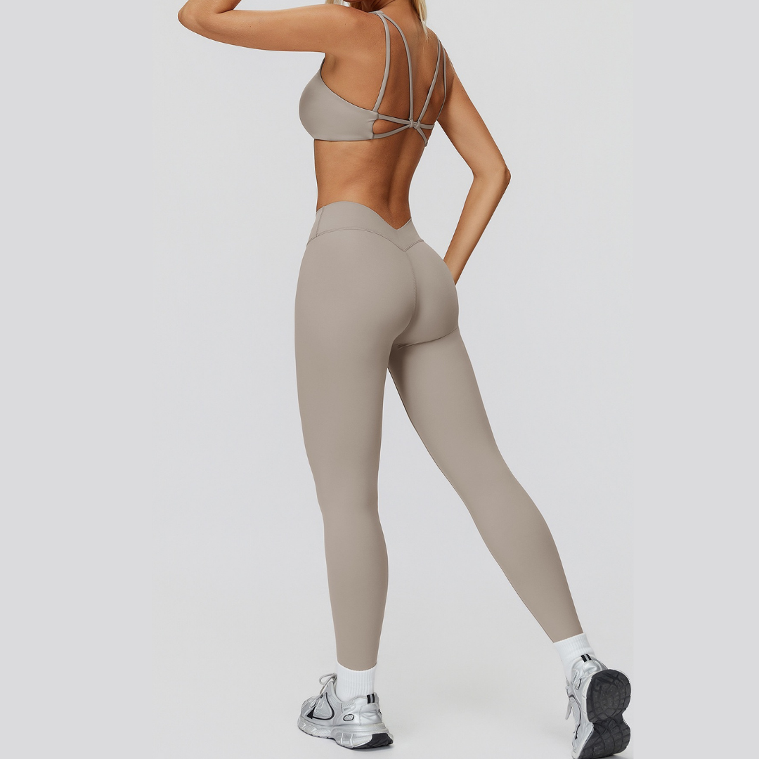 Butterfly-Back Sports Bra Legging Set - Beige