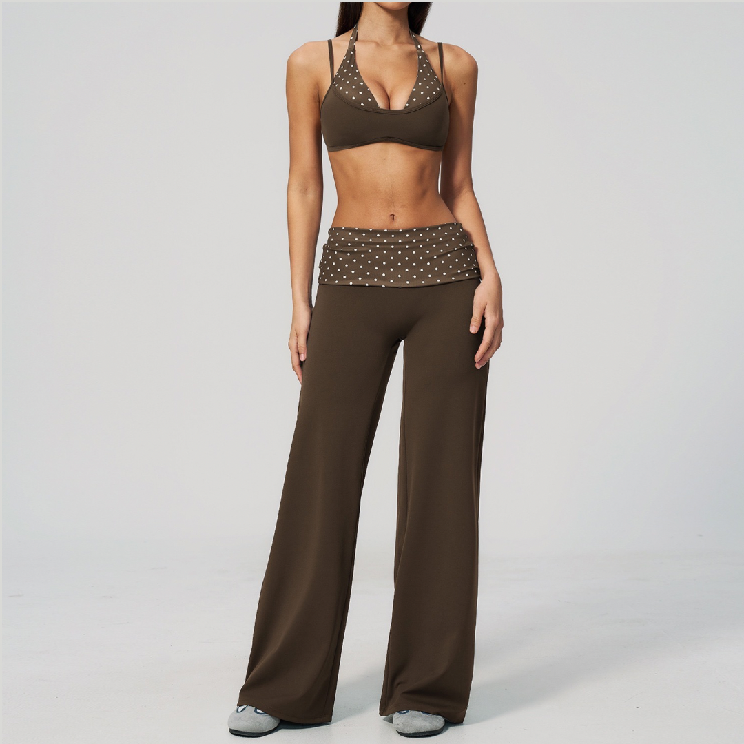 ENA Polka Dot Flared Legging Set - Brown