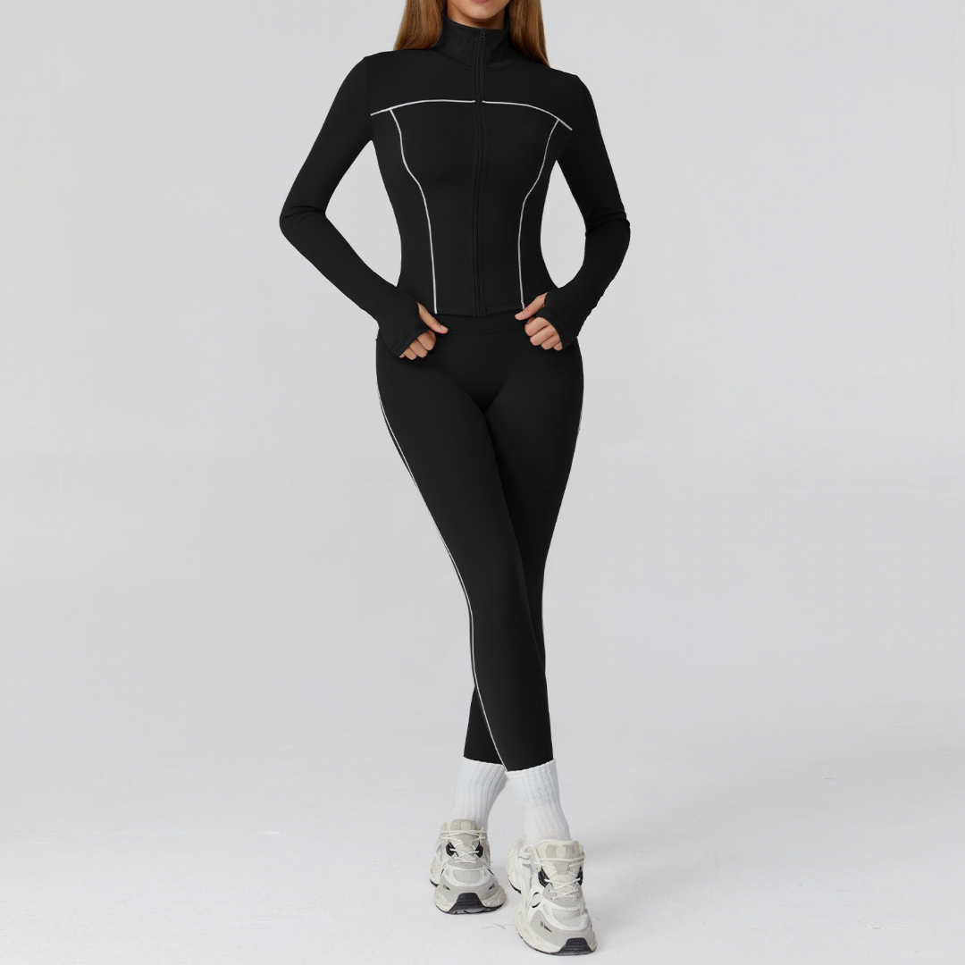 Sporty Chic 3pcs Jacket Legging Set - Black
