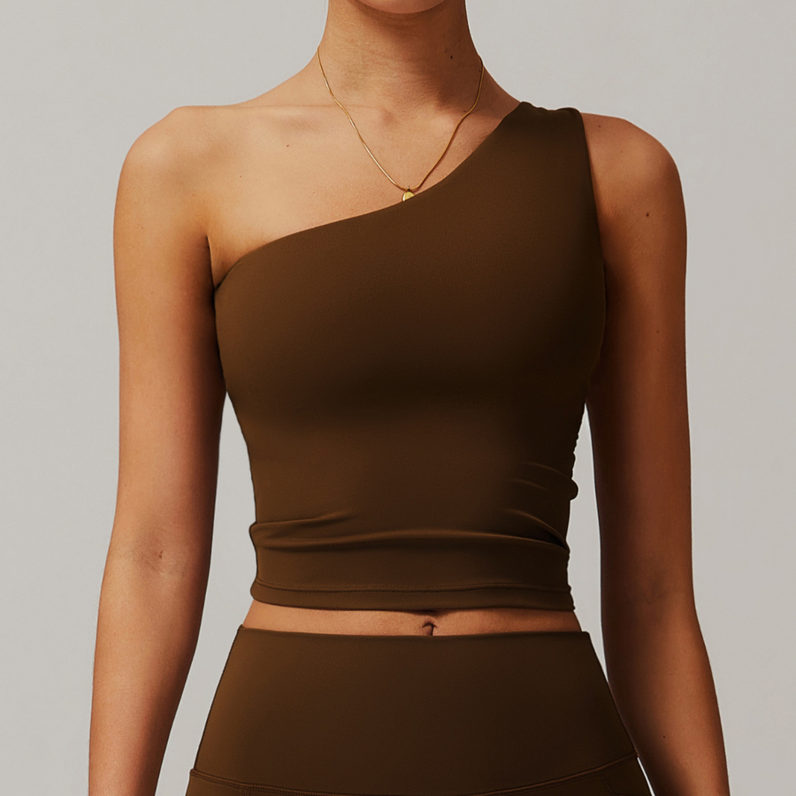 NANA Stylish Single Shoulder Crop Top - Coffee