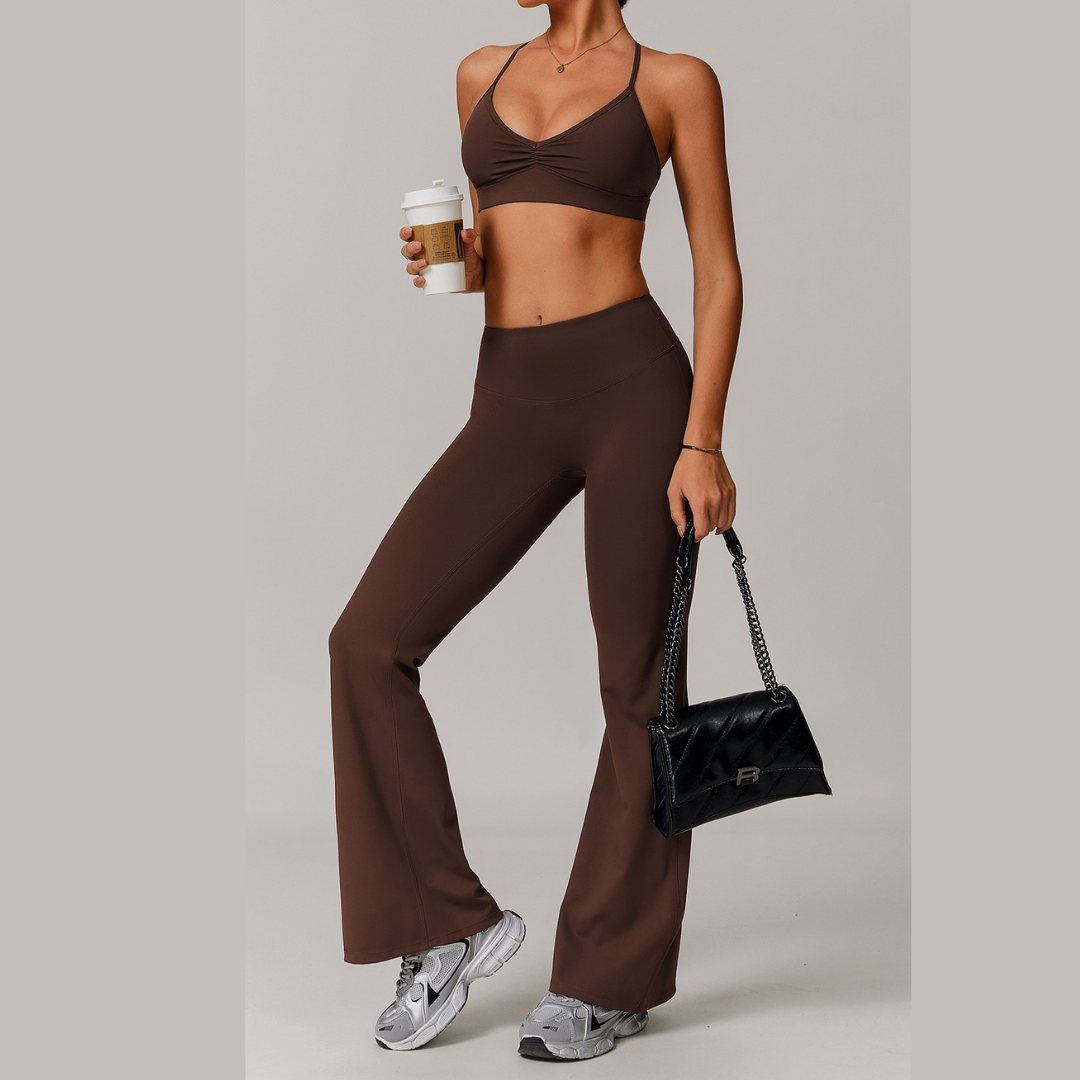 ELINA Comfy Sports Bra Flared Legging Set - Coffee