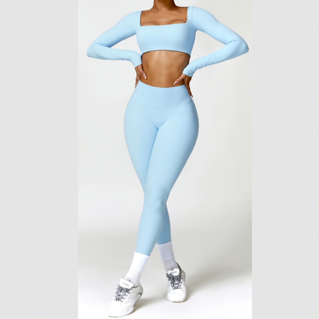 Stylish Long-Sleeve Top Skinny Scrunched Legging Set - Blue
