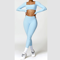 Stylish Long-Sleeve Top Skinny Scrunched Legging Set - Blue