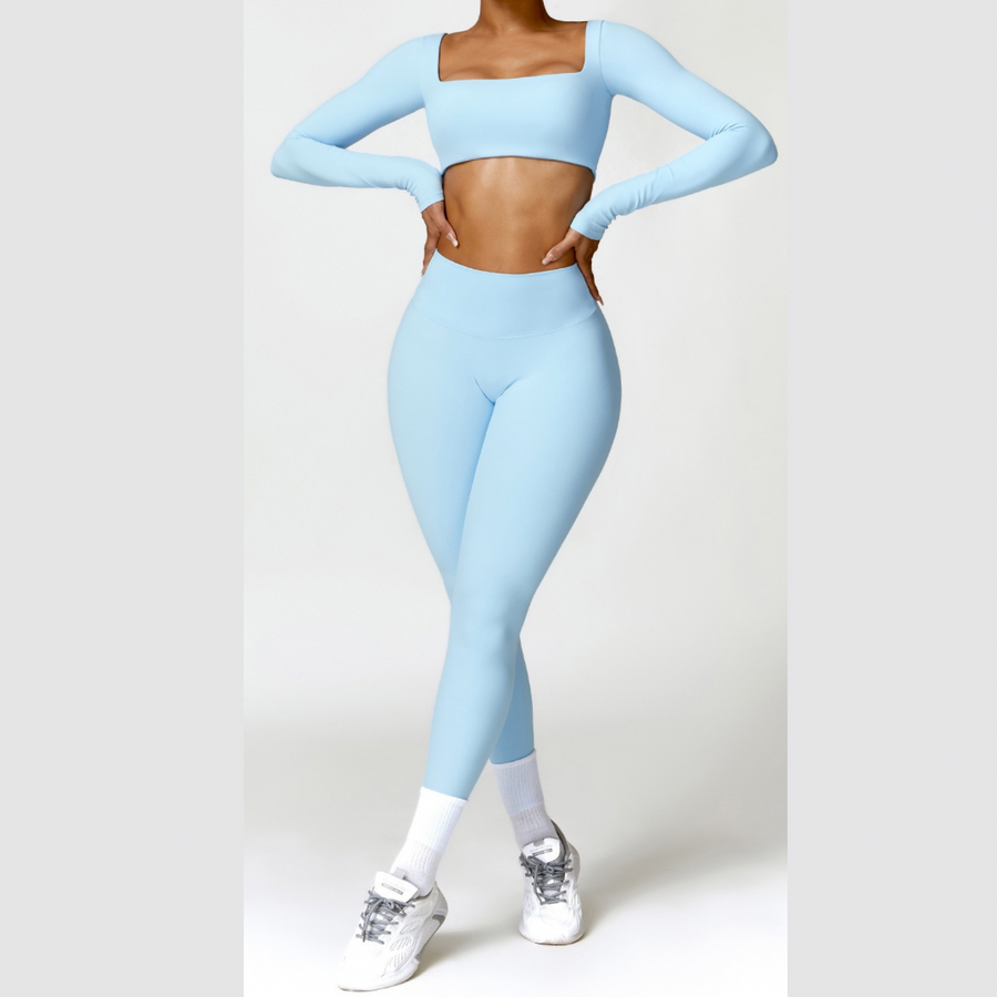 Stylish Long-Sleeve Top Skinny Scrunched Legging Set - Blue