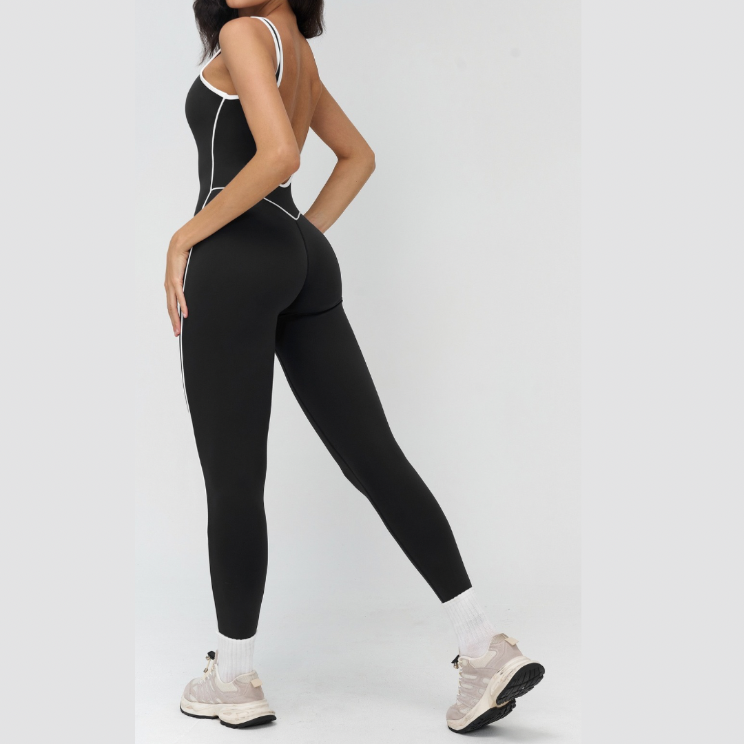 Celin Stylish Back Deep-V Jumpsuit - Black