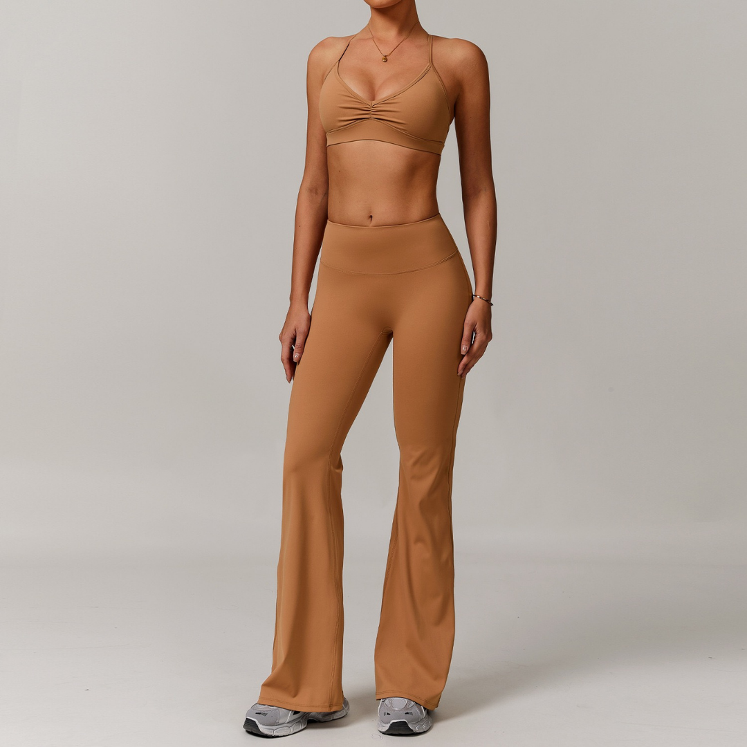 ELINA Comfy Sports Bra Flared Legging Set - Caramel