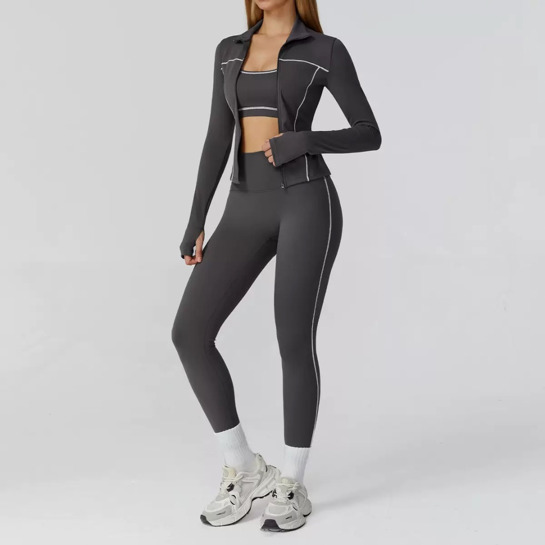 Sporty Chic 3pcs Jacket Legging Set - Dark Grey