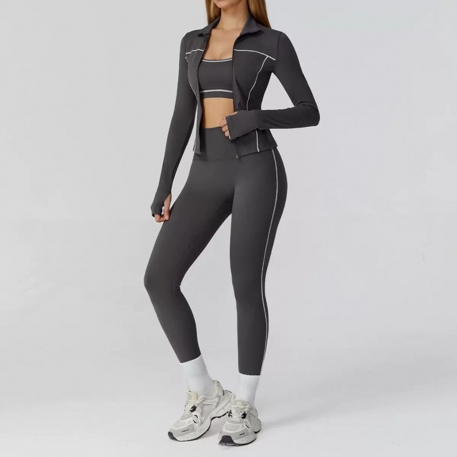 Sporty Chic 3pcs Jacket Legging Set - Dark Grey