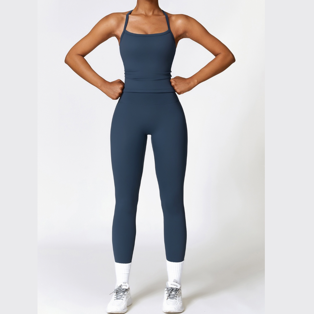 CHRISTIA Cross Back Vest Top Legging Set - Navy