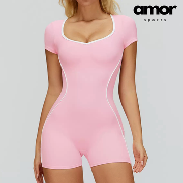 Nina Open-Back Short Sleeve Sport Romper - Pink