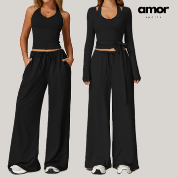 Aspasia Vest Top Flared Legging Set - Black