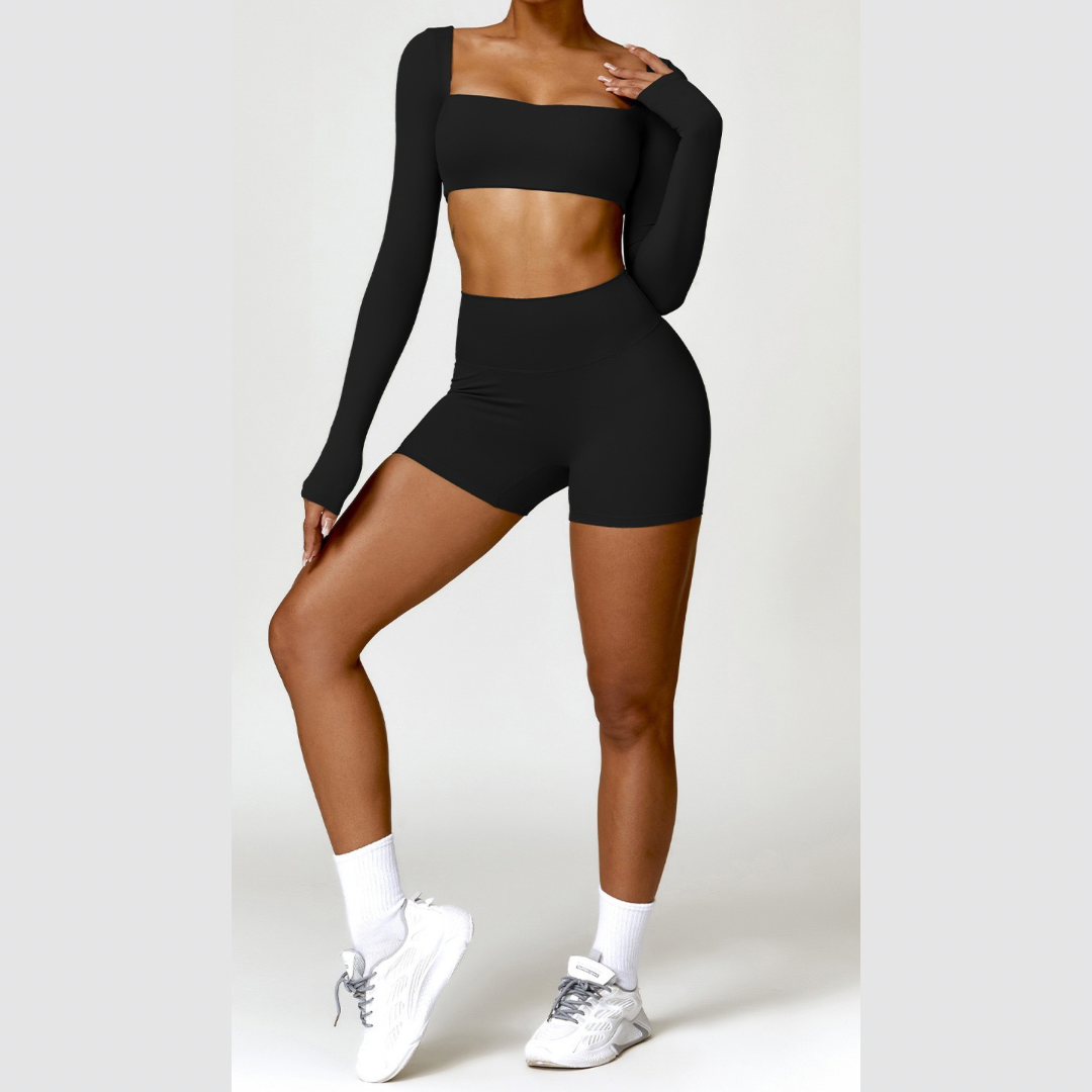 Stylish Long-Sleeve Top Scrunched Short Set - Black