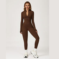 Sculpting Fleece Long-Sleeve Jumpsuit - Coffee