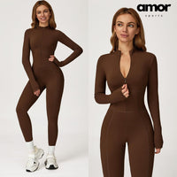 Sculpting Fleece Long-Sleeve Jumpsuit - Coffee