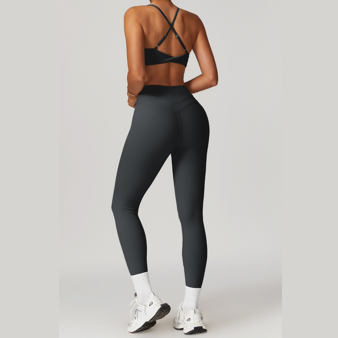 STELLA X-Back Crop Top Legging Set - Dark Grey