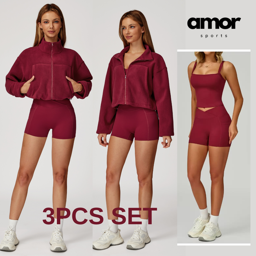 3pcs Coral Fleece Jumper Active Set - Cherry