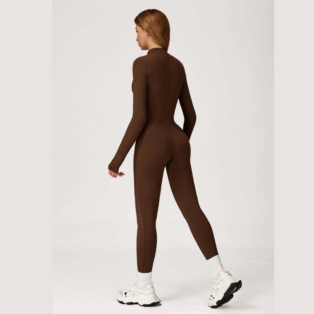 Sculpting Fleece Long-Sleeve Jumpsuit - Coffee