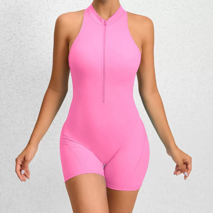 Stylish Zipper Scrunched Romper - Pink