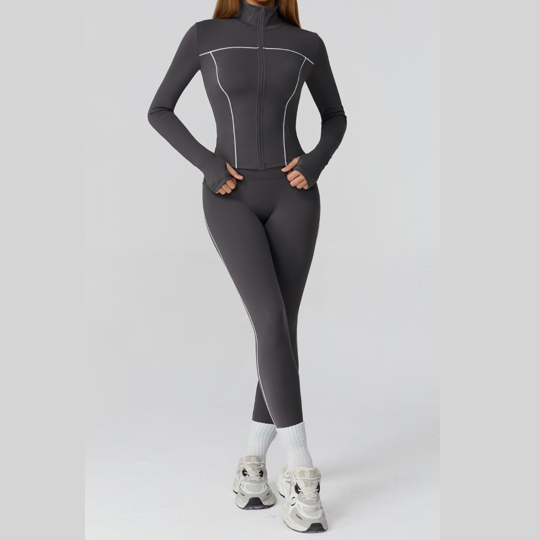 Sporty Chic 3pcs Jacket Legging Set - Dark Grey
