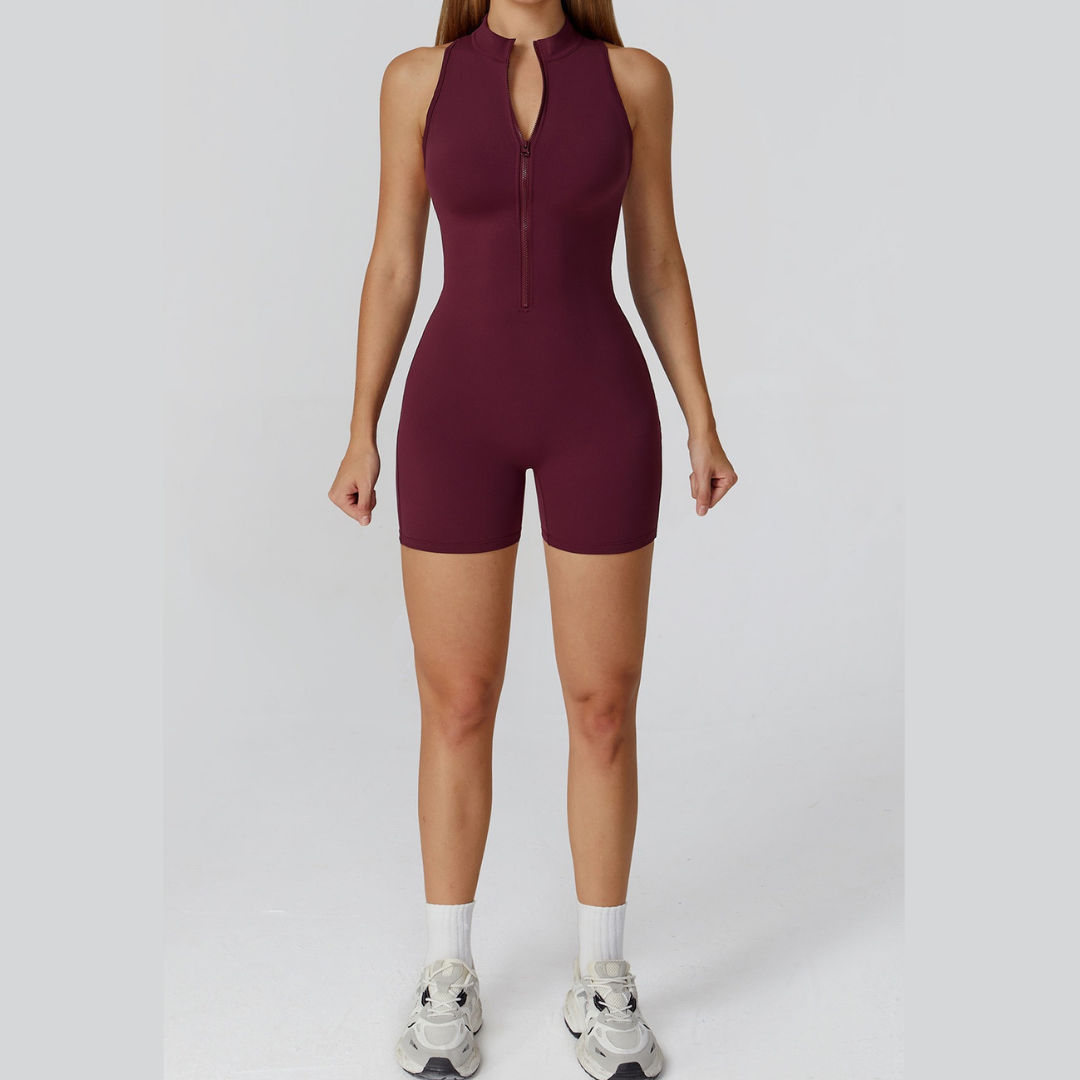 Stylish Zipper Scrunched Romper - Burgundy