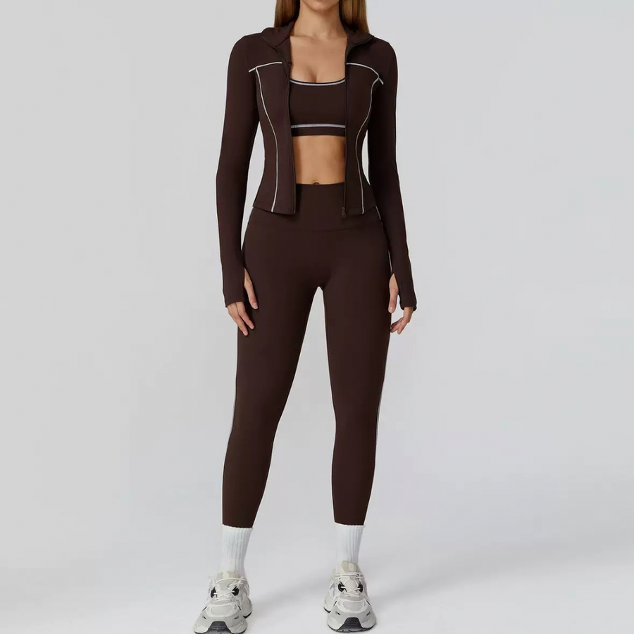 Sporty Chic 3pcs Jacket Legging Set - Dark Coffee