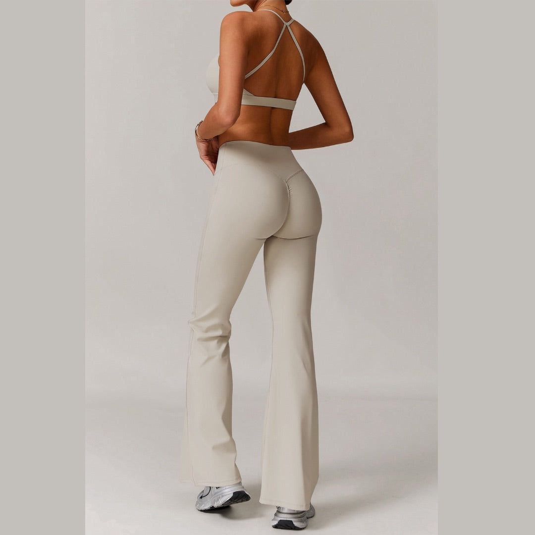 ELINA Comfy Sports Bra Flared Legging Set - Beige