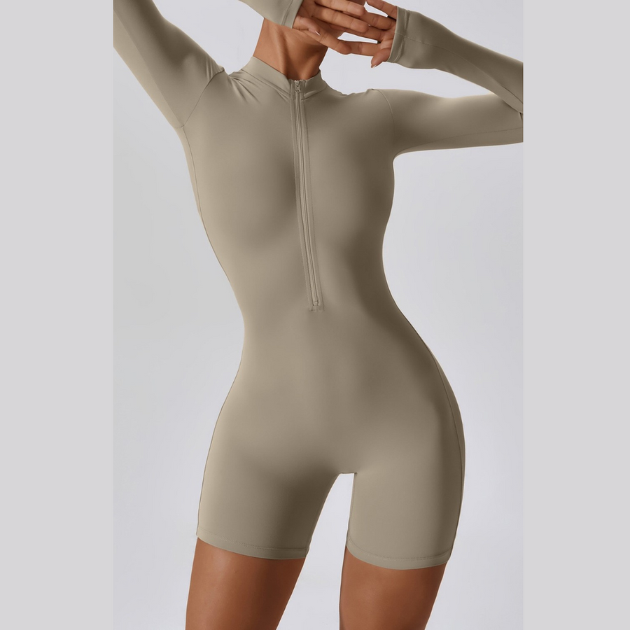 Long-Sleeve Zipper Romper - Creamy Grey
