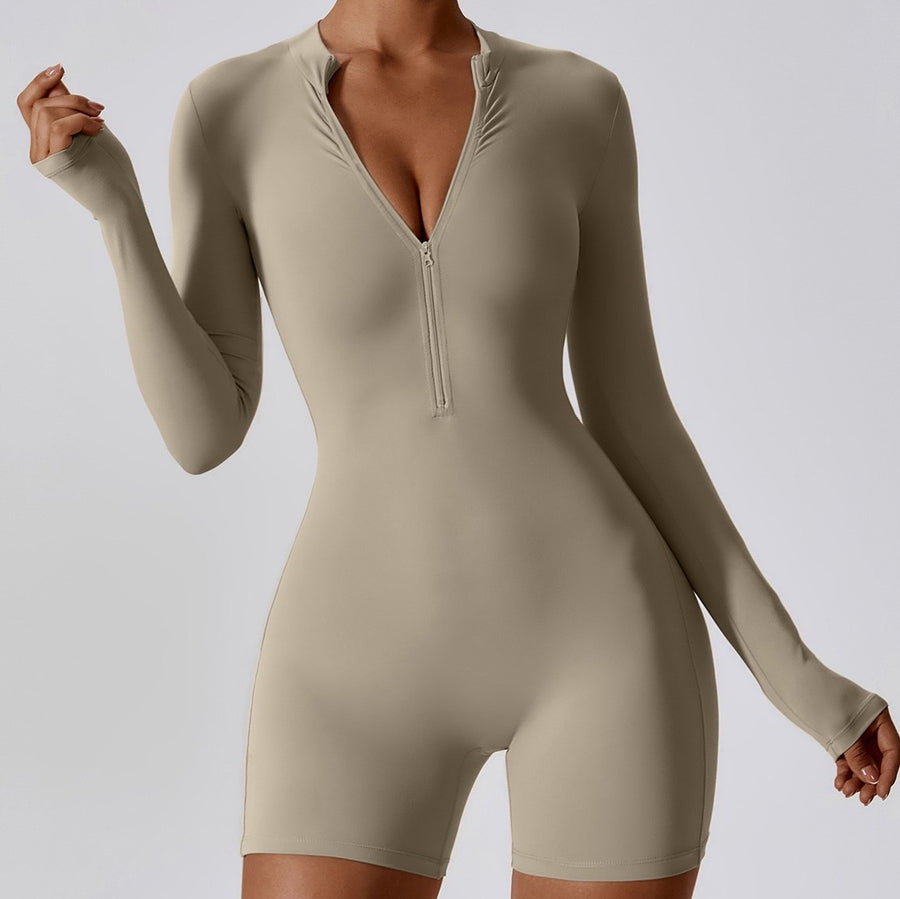 Long-Sleeve Zipper Romper - Creamy Grey