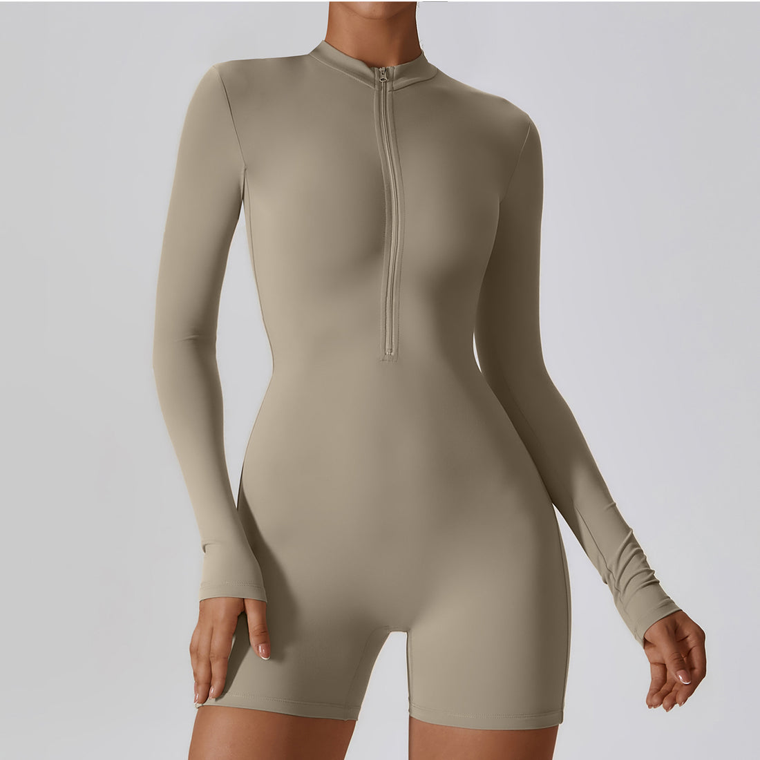 Long-Sleeve Zipper Romper - Creamy Grey