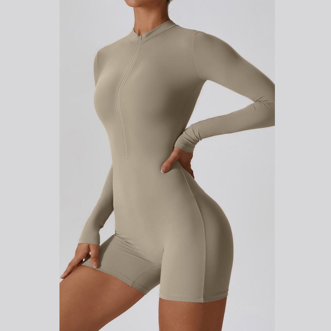 Long-Sleeve Zipper Romper - Creamy Grey